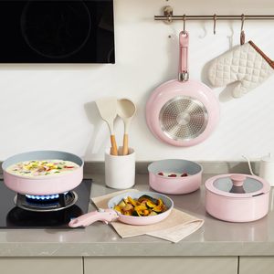 Sıcak satış 9-Piece Modern tasarım pembe tencere tavalar mutfak pişirme aletleri çıkarılabilir ayrılabilir kolu özel ev kullanımı