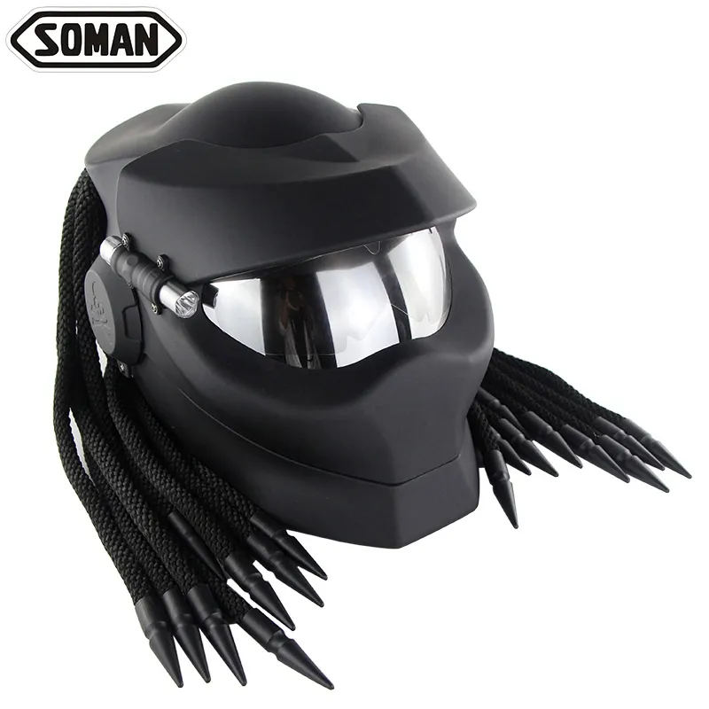 Customized Predator Motorcycle Full Face Helmets Flip up With Braid Casque Silver Lens Soman SM958