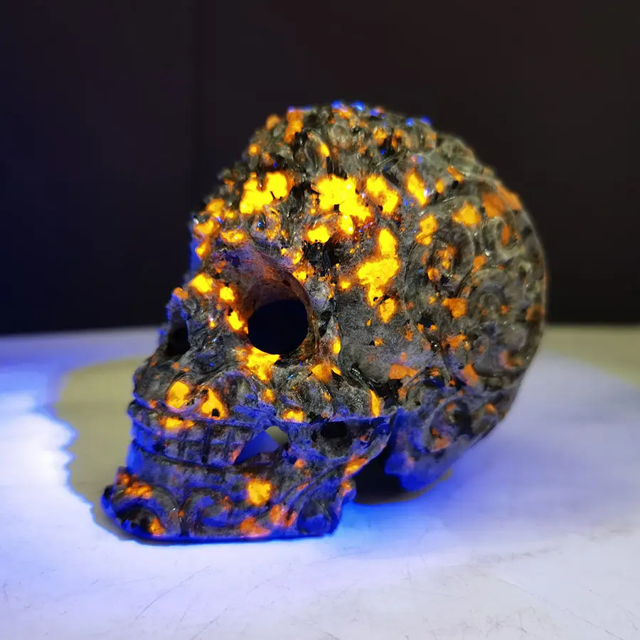 Fuego Flash con lámpara ultravioleta, cráneos de piedra Mineral de cristal, calaveras de yooperlita