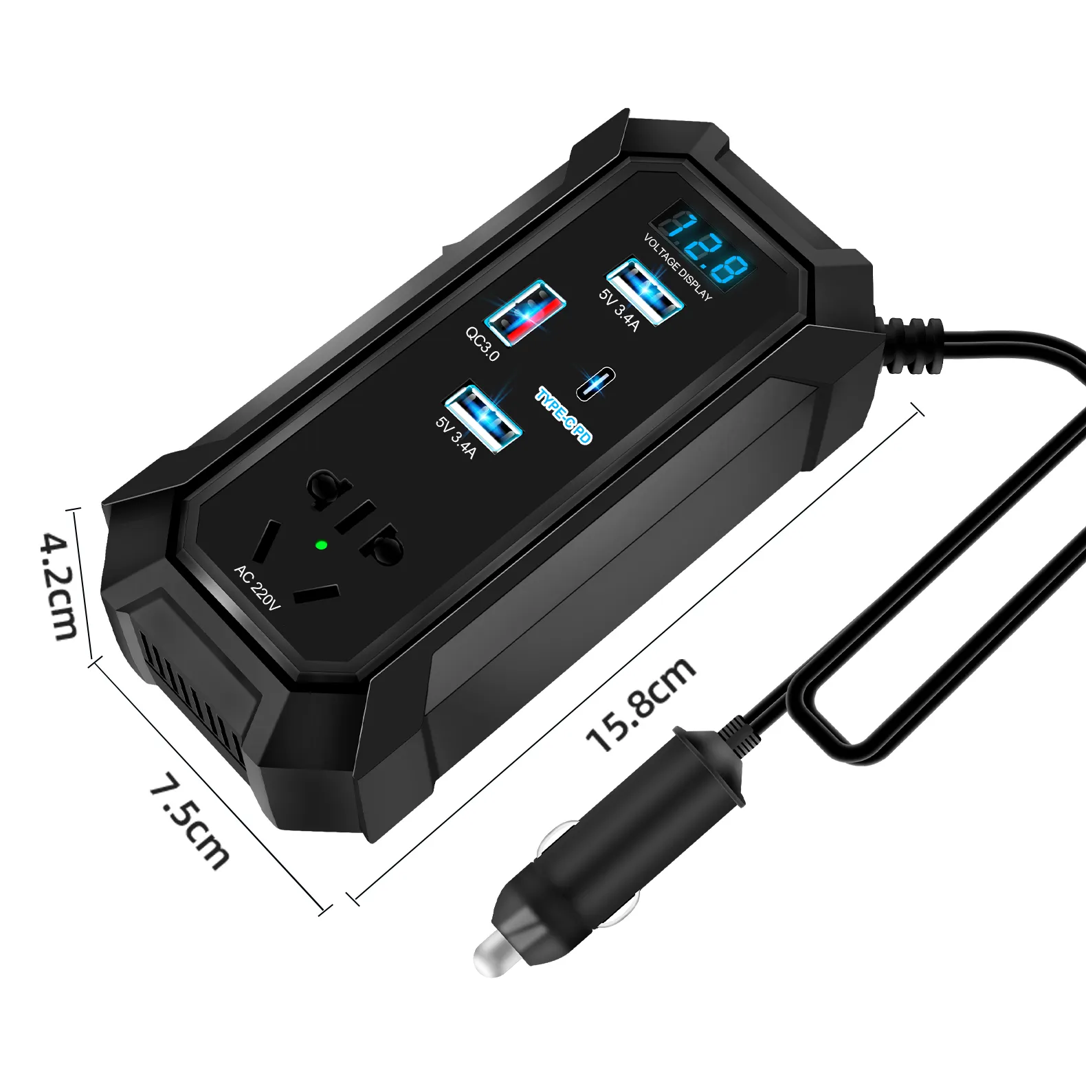 200W voiture Ac Power Inverter Dc 12V à 220V pour véhicules convertisseur Usb-C Pd Usb Qc3.0 Ports de charge rapide adaptateur de chargeur de voiture