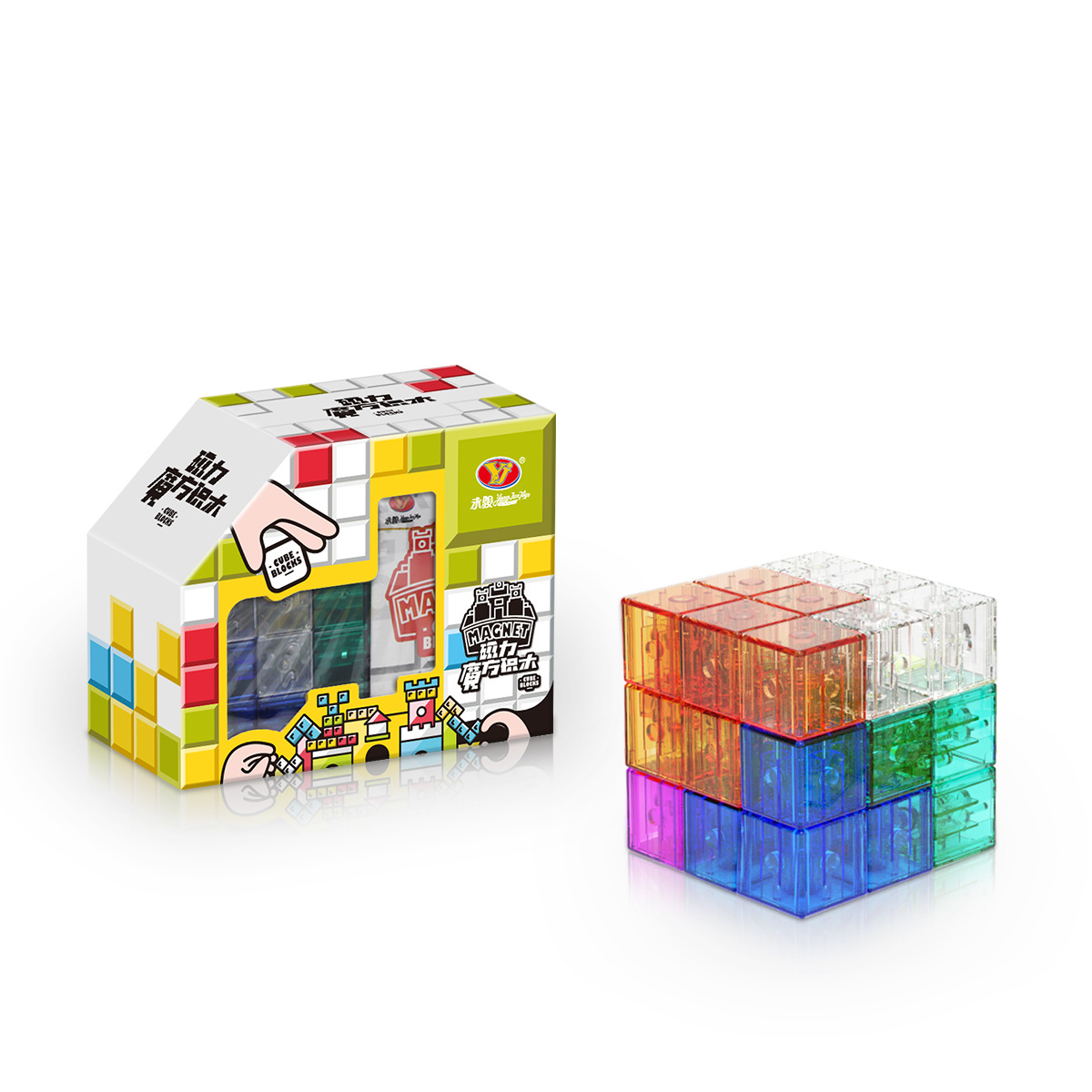 7 bloques de construcción magnéticos transparentes en una caja de color