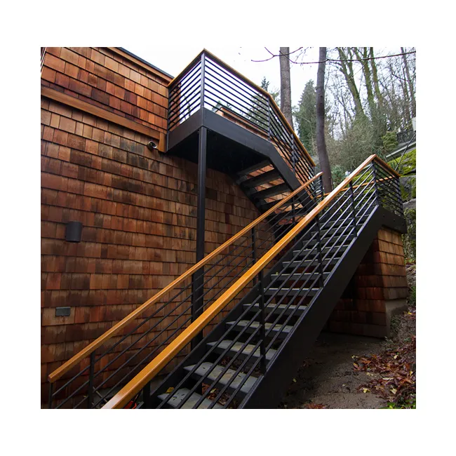 Kit de construcción exterior de estructura de acero, escalera exterior con pasamanos de madera, escalera de acero, precio de fábrica
