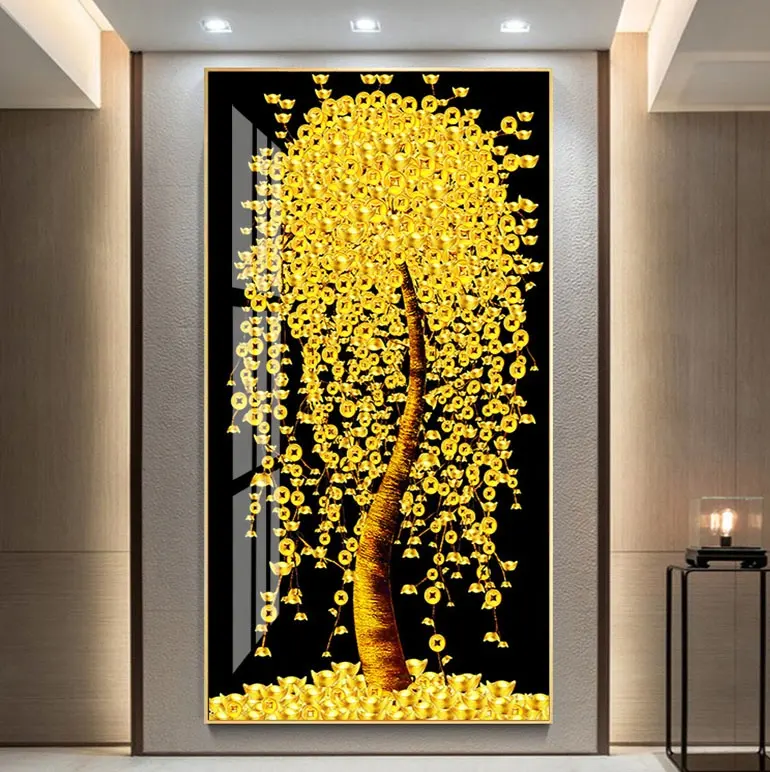 Goldtree-pintura de porcelana de cristal dorada, decoración de pared para sala de estar, pintura de resina, decoración frontal para el hogar y la Oficina, Color dorado