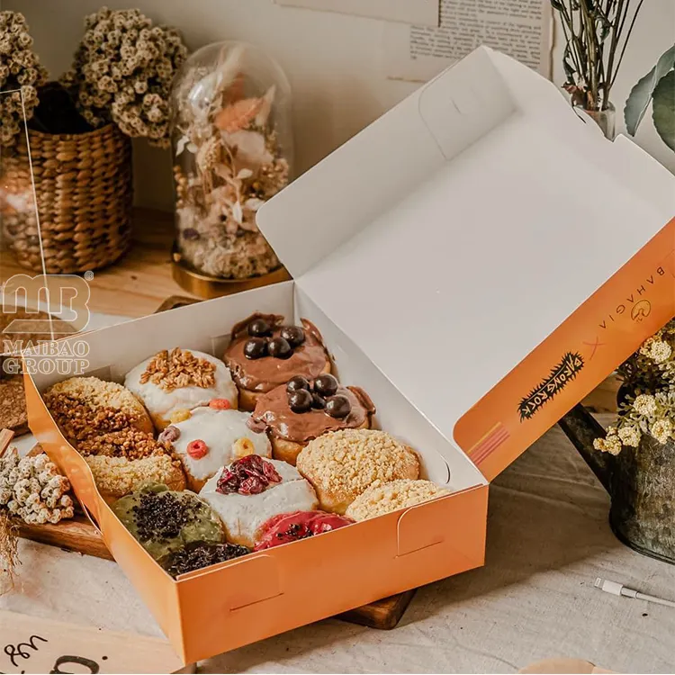 Embalagem de padaria com desenho impresso rosa, caixa de donuts para pastelaria, mini donuts, caixa de padaria com logotipo personalizado, caixa para 12 donuts