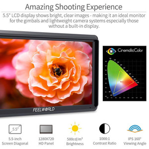 FEELWORLD S55 5.5 Inch IPS on Camera Field DSLR Monitor Focus Assist 1280x720 Support 4K HD-MI Input DC Output Include Tilt Arm - Product Image 3