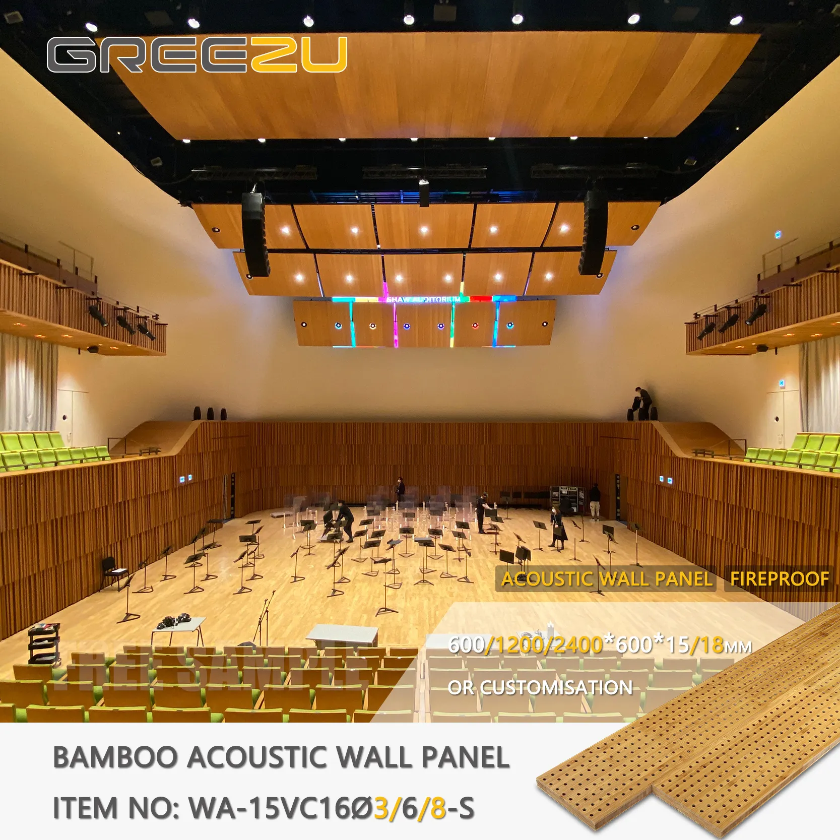 Panel akustik bambu, kayu bambu dengan isolasi suara, Panel akustik kayu bambu untuk dinding dan langit-langit