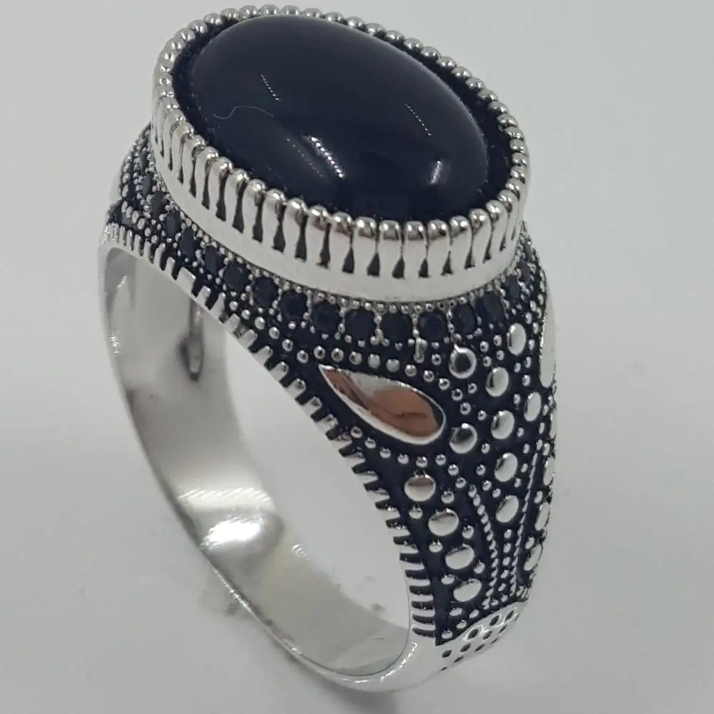 Fashion Desain Perhiasan 925 Sterling Perak Hitam Onyx Lucky Cincin untuk Anak Laki-laki