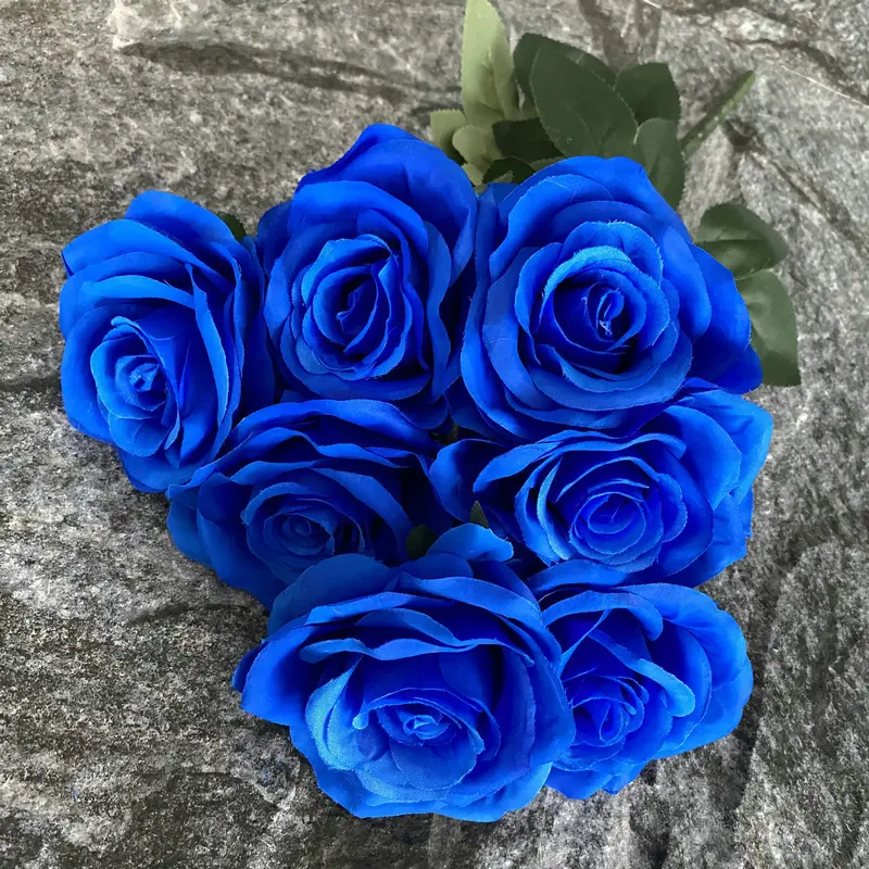Buquê de rosas artificiais de seda, flores decorativas de 7 cabeças de seda royal azul para eventos