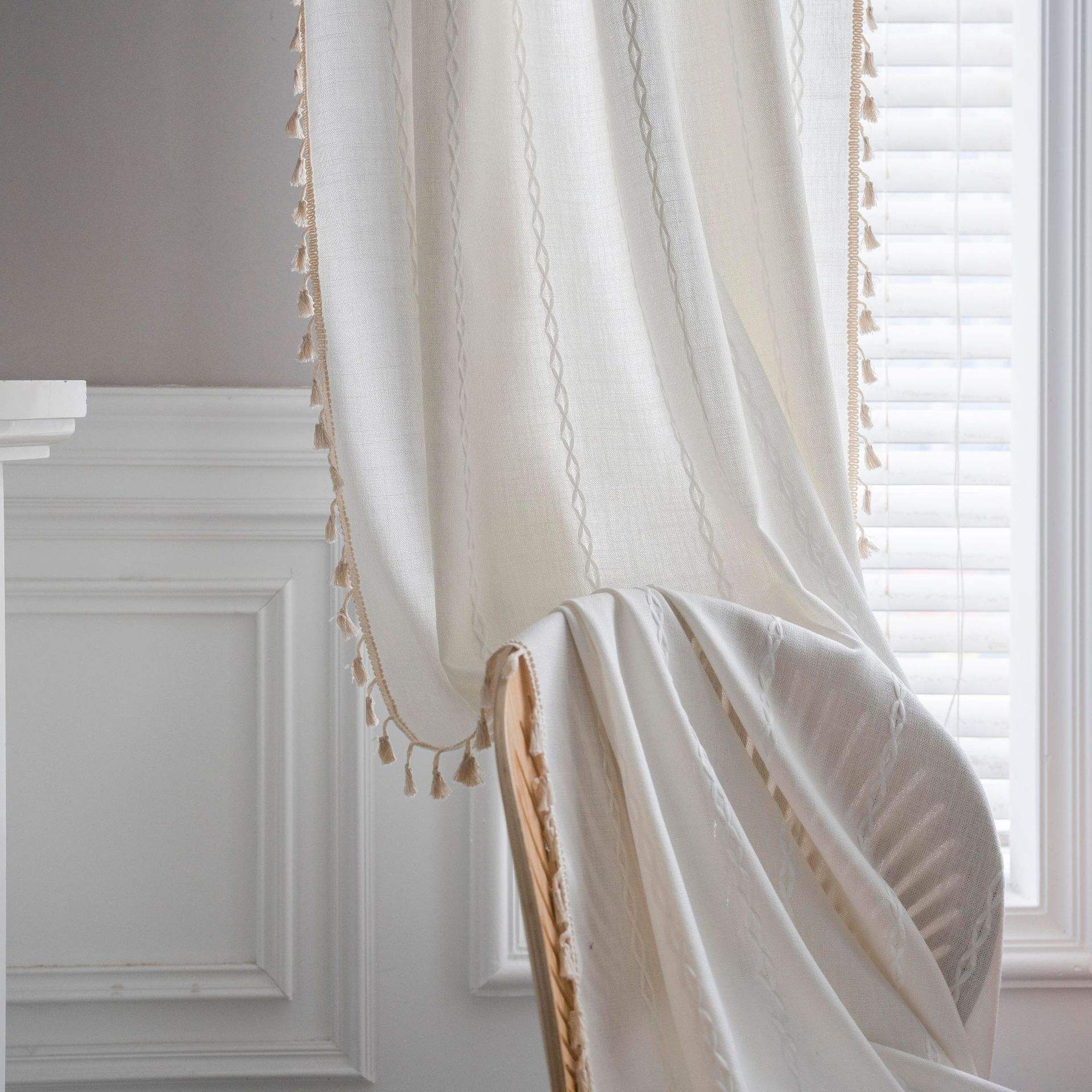 white multiple lines beige tassel