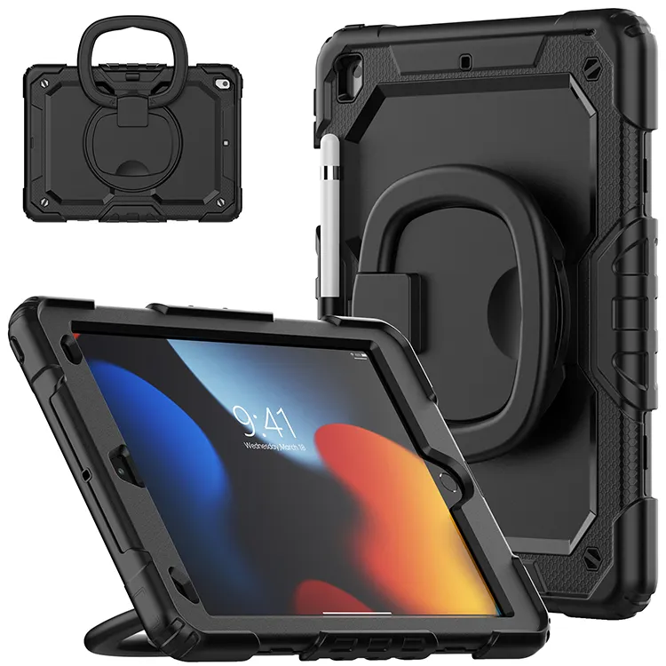 Pour iPad 10.2 7e 8e 9e étui de protection universel en silicone robuste poignée rotative support écran film tablette couverture