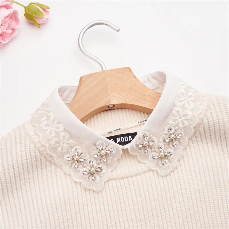 New Product Organza Embroidery Simple Clover Design Hand Sewing Rhinestone Shirt Fake Collar