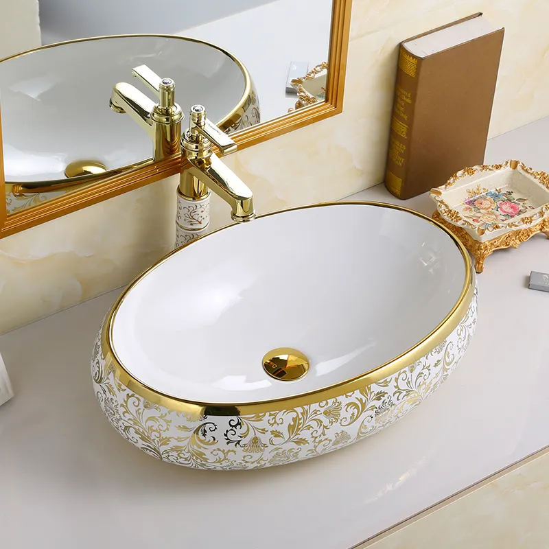 Banheiro de luxo lavabo água dourada, cerâmica arte bacia galvanizada mesa superior lavatório vaso sanitário pia