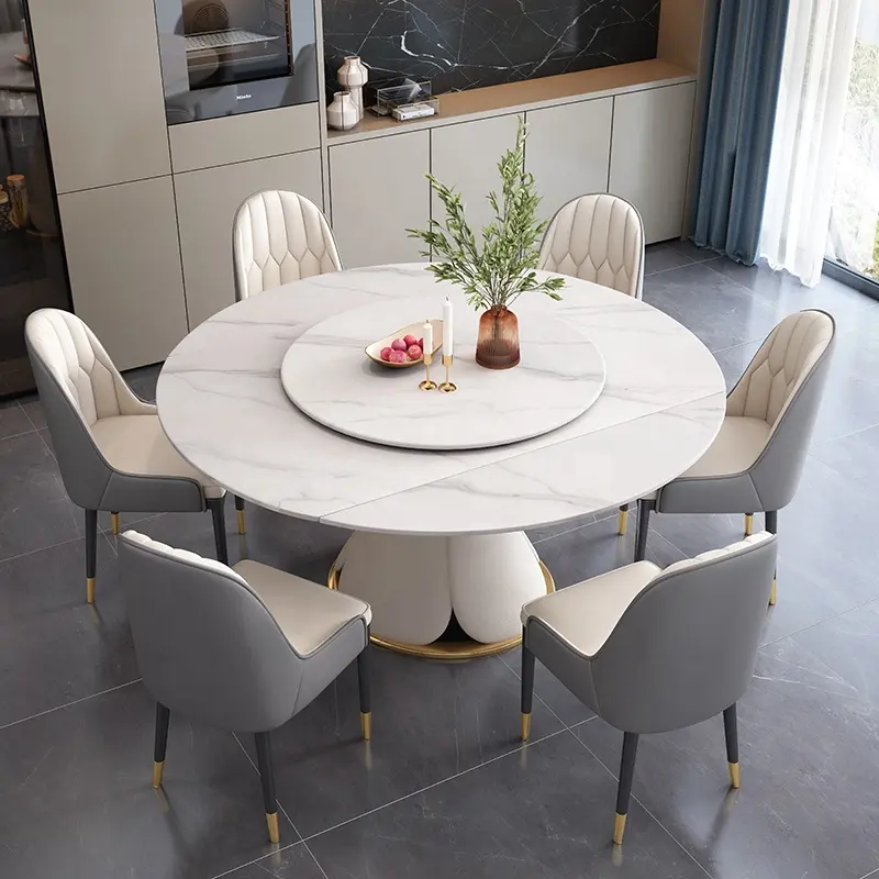 Rodada branca mesa de jantar pedra sinterizada aço inoxidável dourado Pedestal Base Table com Lazy Susan Set