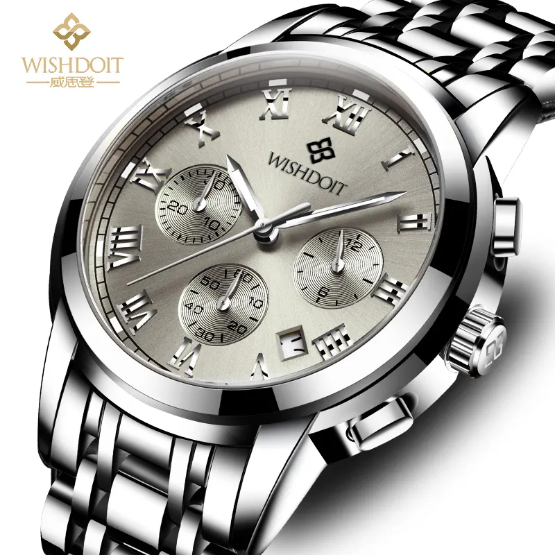 WISHDOIT 016 novo design prata mens banda de aço Inoxidável relógio de quartzo original 3 dials Chronograph Calendário relógio Ocasional projeto