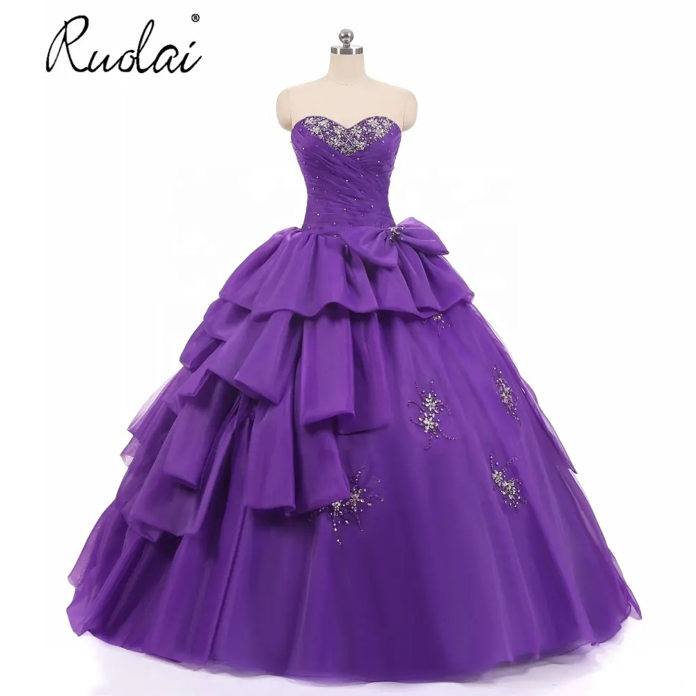 Ruolai vestido de baile quinceanera asq09, vintage, roxo, miçangas completas e cristal, brilhante, de baile