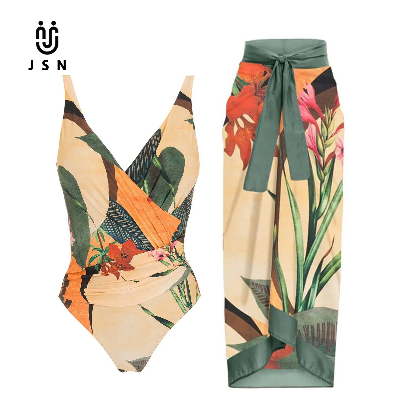 JSN Beach swim wear sarong summer 2023 new product print one piece swimwear with skirt cover up