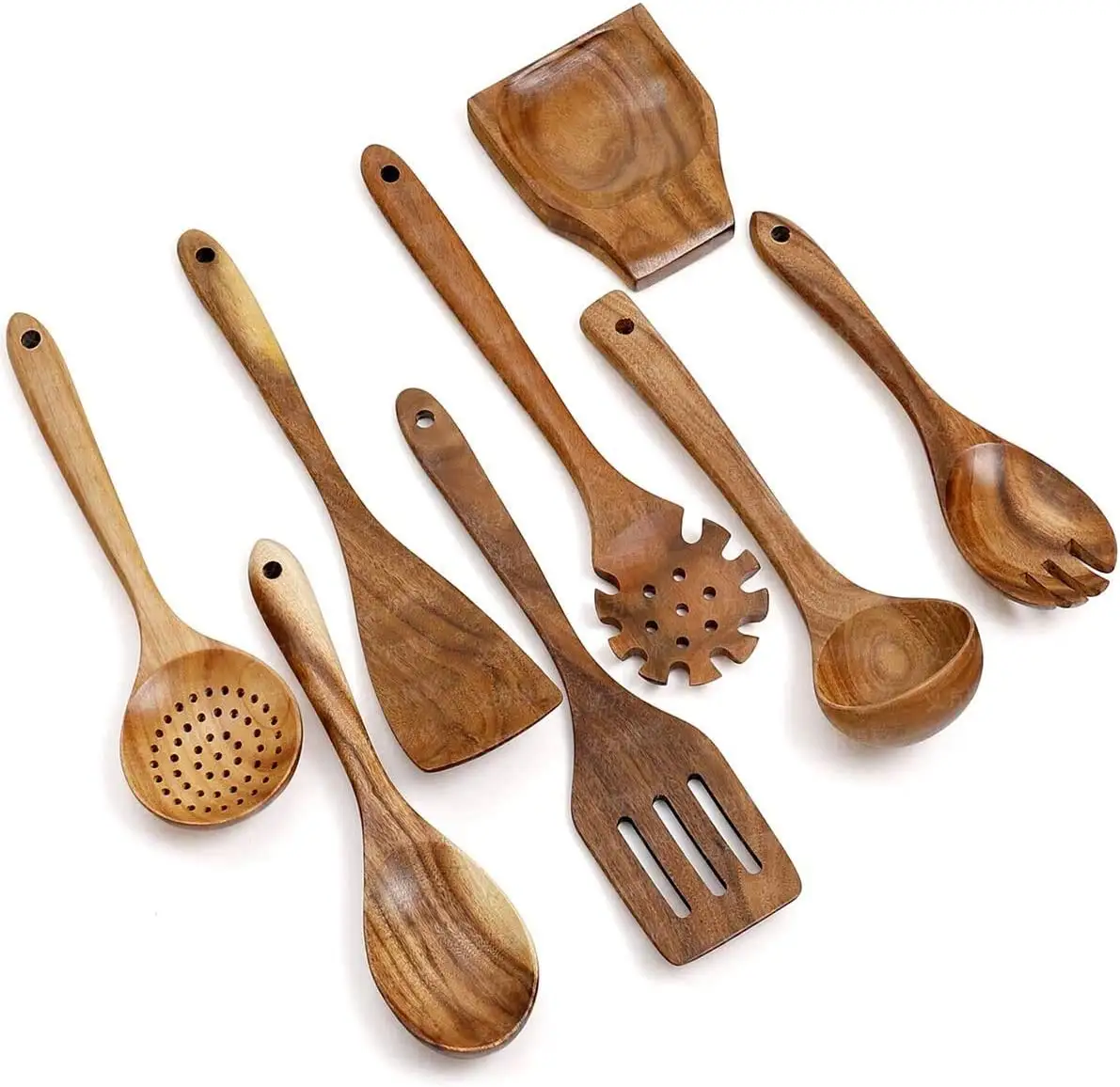 Set di utensili da cucina in legno Set di utensili da cucina in bambù non patinato lavabile in lavastoviglie con fori, cucchiai in legno di Teak biologico per cucinare