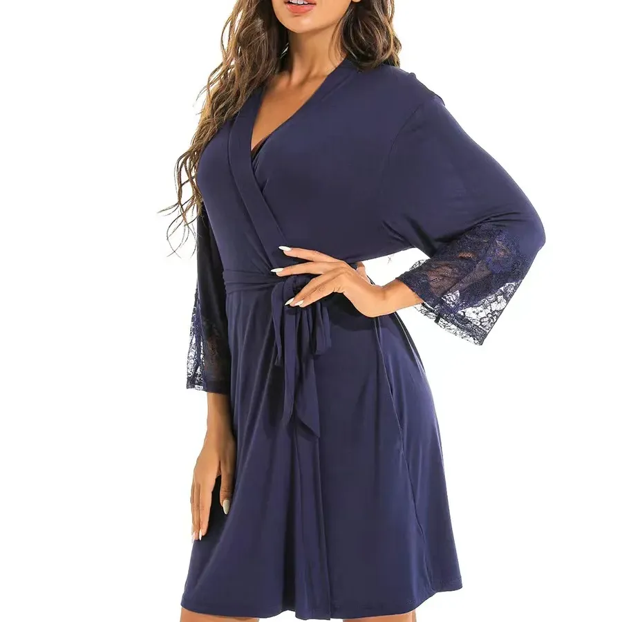 Nouveau style femmes cardigan couleur pure tricot coton pyjamas sexy à la mode dentelle mince robe femmes grande taille maison vêtements