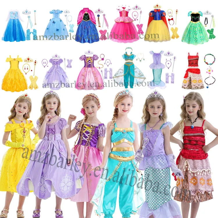 Best Selling TV & Movie Costume Girl Elsa Anna Aurora Pequena Sereia Moana Sofia Belle Rapunzel Jasmine Halloween Carnival Dress