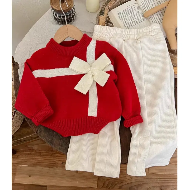 ชุดเสื้อผ้าบูติก2ชิ้นสำหรับเด็กผู้หญิง Ms-113 2023ชิ้นเสื้อสเวตเตอร์ถักทรงโบว์สำหรับฤดูหนาวกางเกงขาบาน