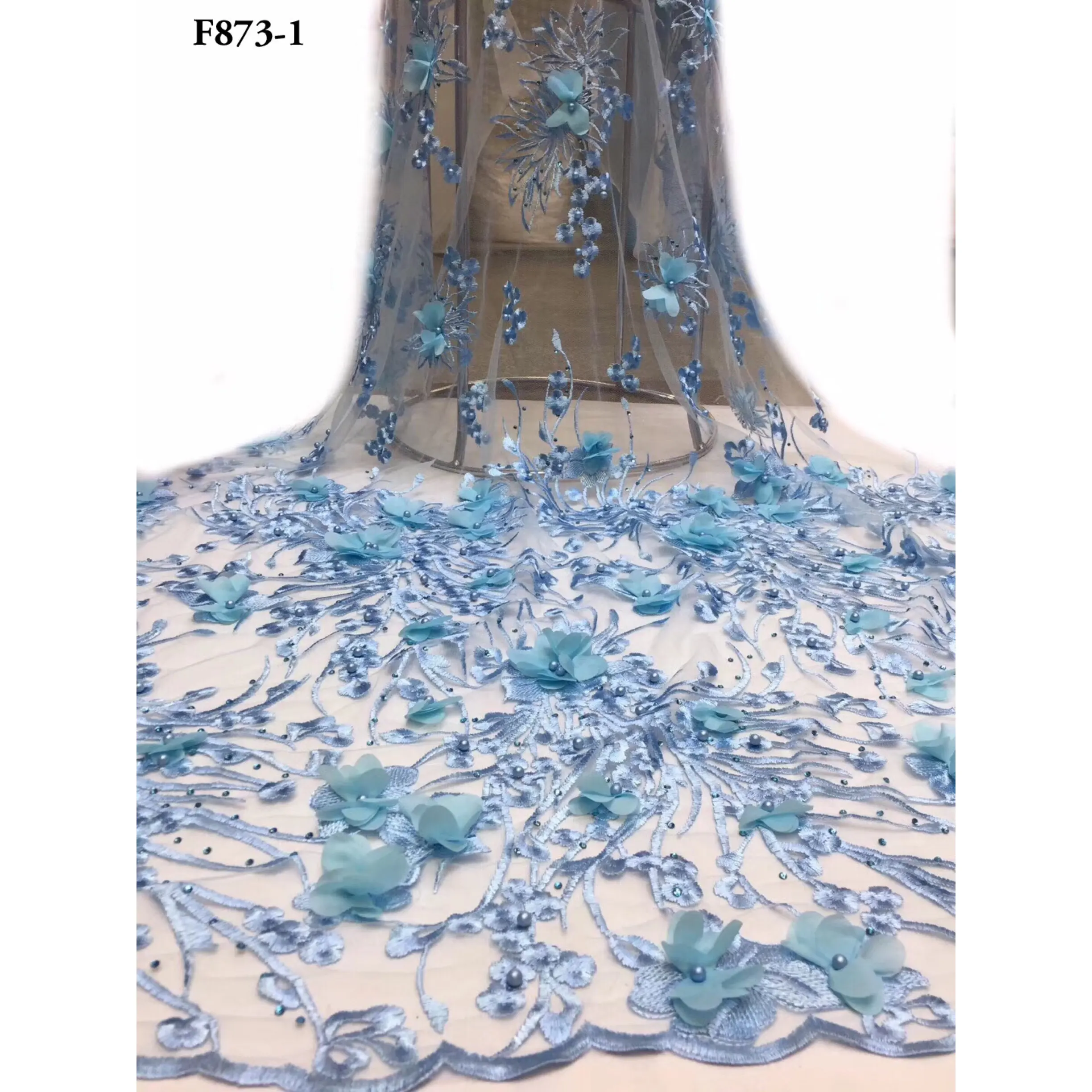 Синяя кружевная ткань с блестками 2019, Африканское 3d Ручная работа, цветы, кружево, вышивка бисером, блестки, кружевная отделка, нигерийское вечернее платье