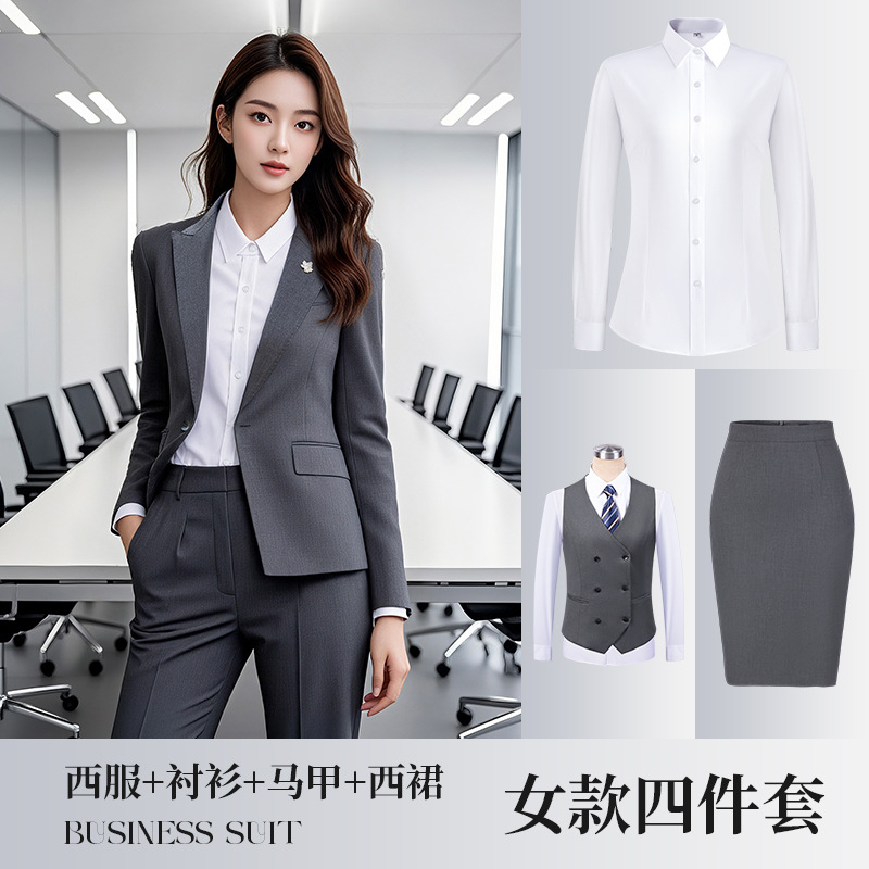 Women's dark gray suit vest, white shirt, midi skirt