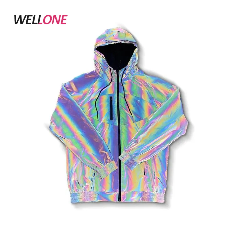 Chaqueta reflectante de arcoíris de 3M para hombre, cortavientos con logotipo de impresión de pantalla de seda, 100% poliéster, personalizado, barato de fábrica