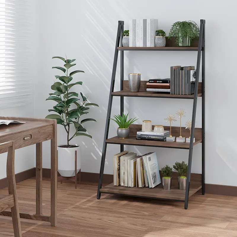 Living Room Furniture Bookcase Industrial Metal Frame Rack MDF Wooden Narrow Leaning Ladder Book Shelf Home Bookshelf