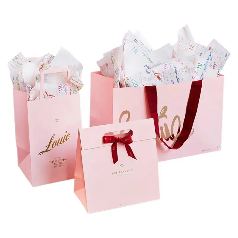 Custom logo printing luxury hot pink fashion shopping paper bag with ribbon handle