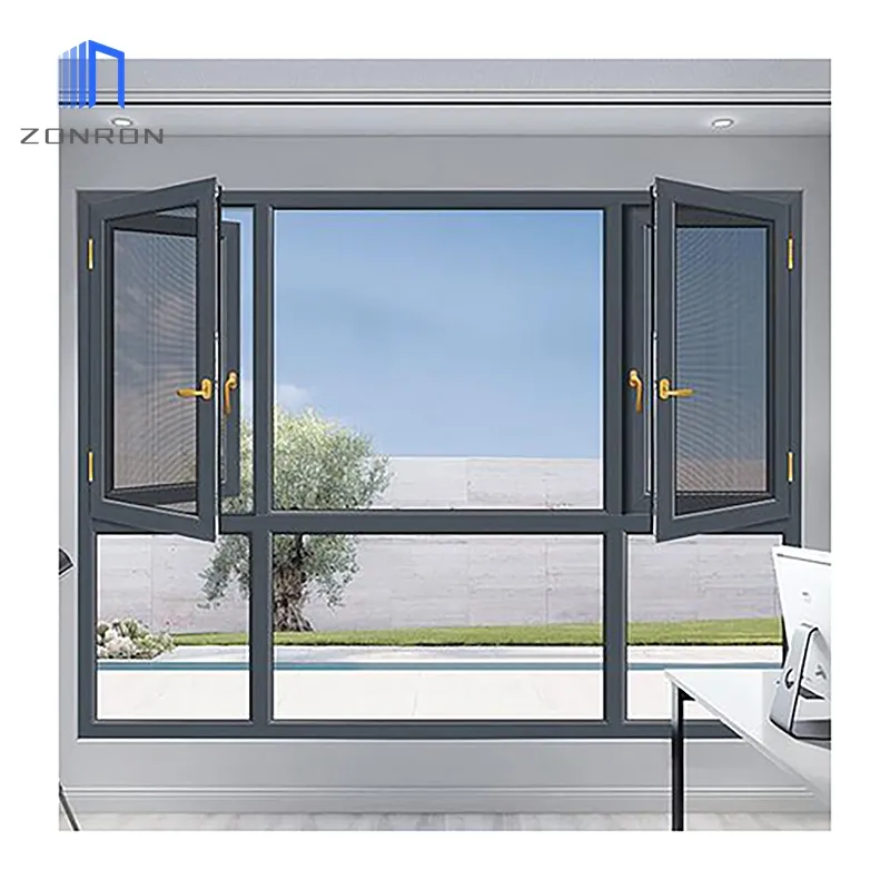 Ventanas abatibles exteriores de aleación de aluminio Zonron, ventanas abatibles de vidrio hueco doble, vidrio, otra ventana personalizada con Red