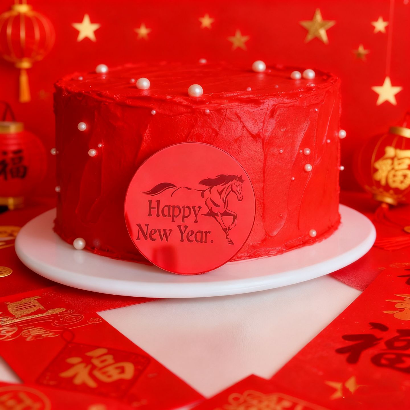 Specchio rosso con disco decorativo "Felice Anno Nuovo 2026" (larghezza circa 5 cm)