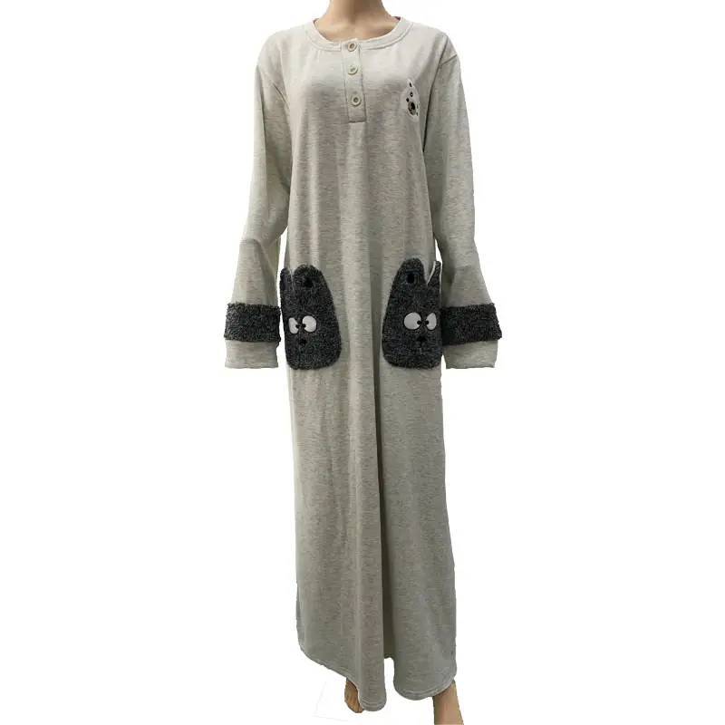 이슬람 의류 이슬람 여성 터키 겨울 홈 의류 벨벳 따뜻한 회색 만화 긴 드레스 포켓