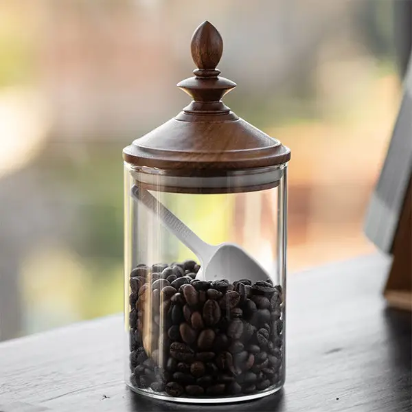 Custom food grade Glass Jar Airtight Canister With fancy Acacia Wood Lid transparent vintage tea coffee glass storage jar