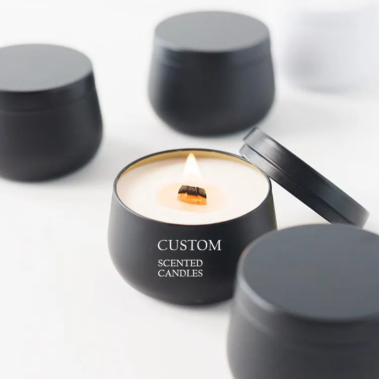 Tarros de vela de vidrio negro de lujo, conjunto de vela de etiqueta privada personalizada, velas perfumadas de cera de soja a granel