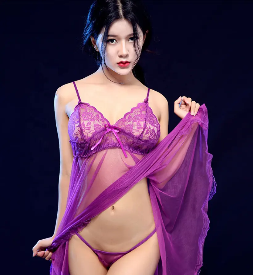 Robe de nuit en dentelle violette, lingerie sexy, transparente, tendance, tenue de nuit, violet,