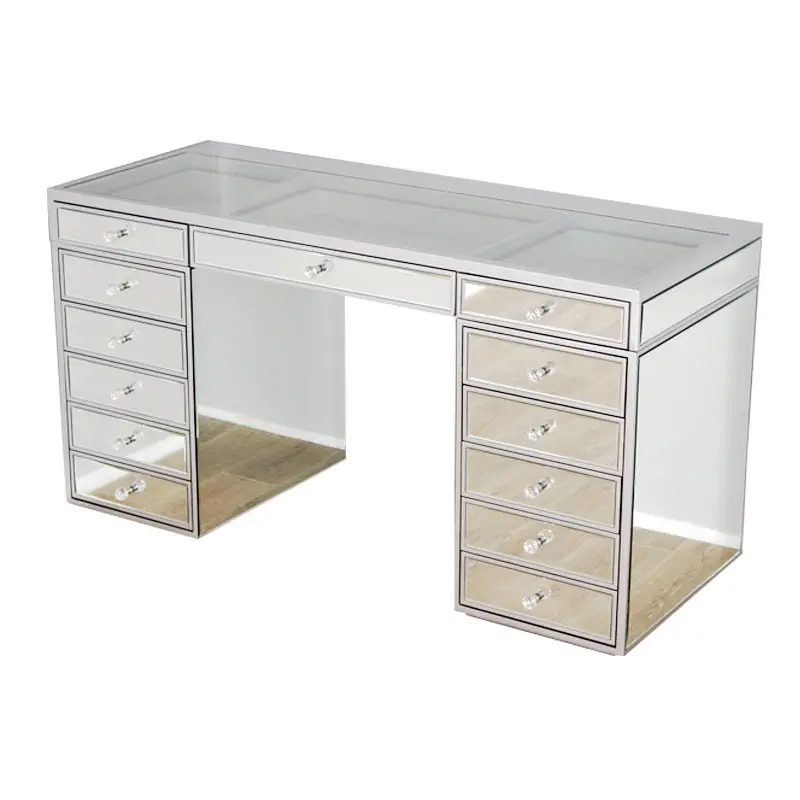 Clear Top Glass Mirrored Vanity Makeup Table with 13 Drawers