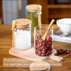 1L香料罐食品储存容器调味瓶气密玻璃罐，带密封竹盖和竹勺