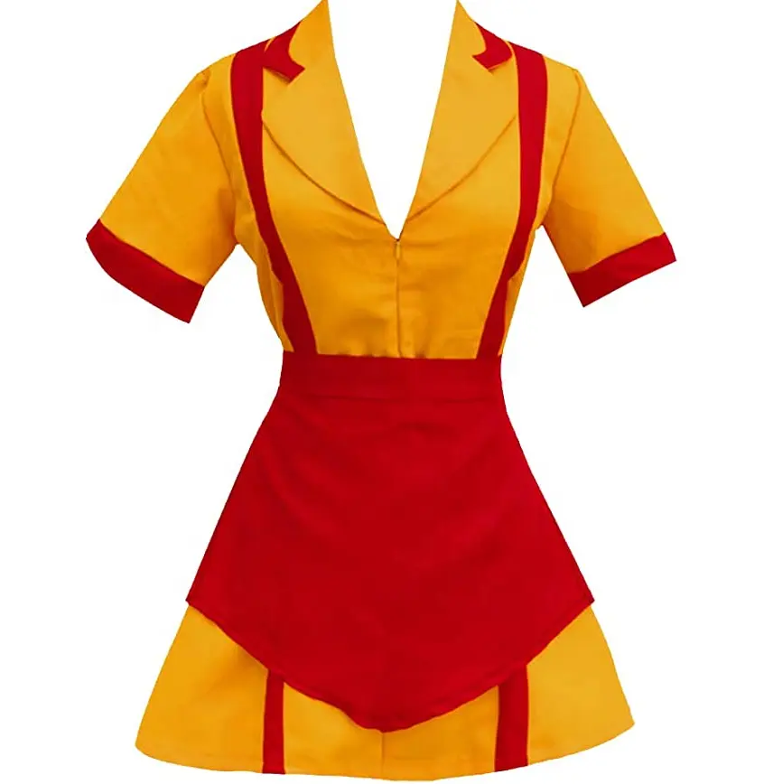 Roupas curtas personalizadas, uniforme de trabalho e trabalho para mulheres, vestimenta vermelho e amarelo com design personalizado para hotel restaurante