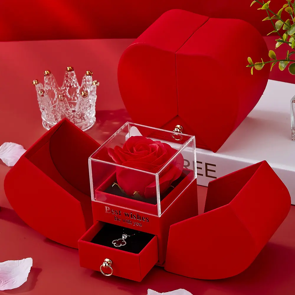 Doble puerta Navidad Día de San Valentín forma de corazón Apple joyero ornamento Rosa jabón flor anillo collar caja de embalaje