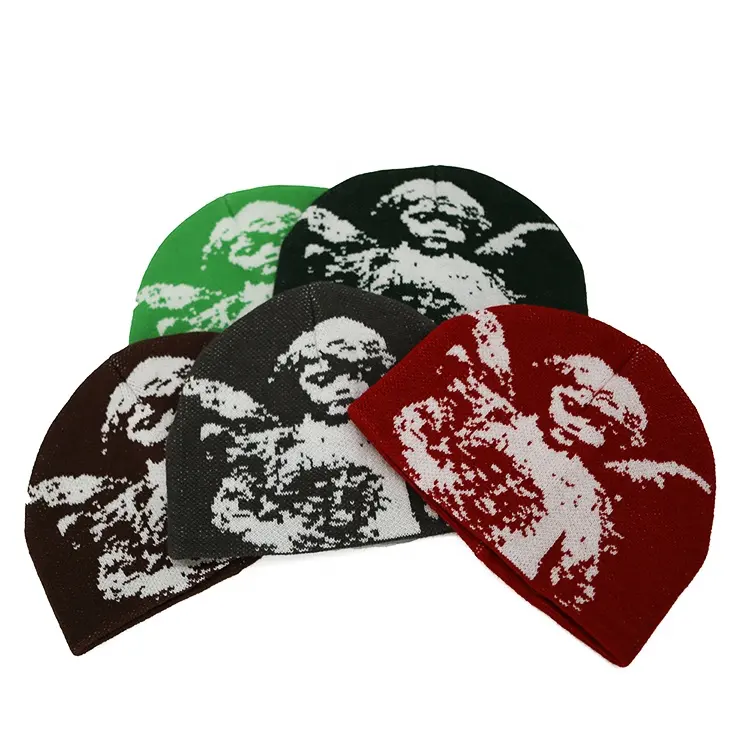 All Over Print Winter Knitted Angle Jacquard Beanie Hats Gorra deportiva duradera Logotipo personalizado Bordado Cuffless Toque Unisex