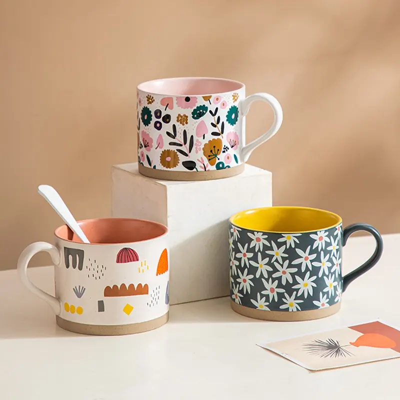 Calcomanía floral Diseño de impresión Calcomanía Regalos Gran capacidad Porcelana Cerámica Sopa Tazas de café Tazas con asa