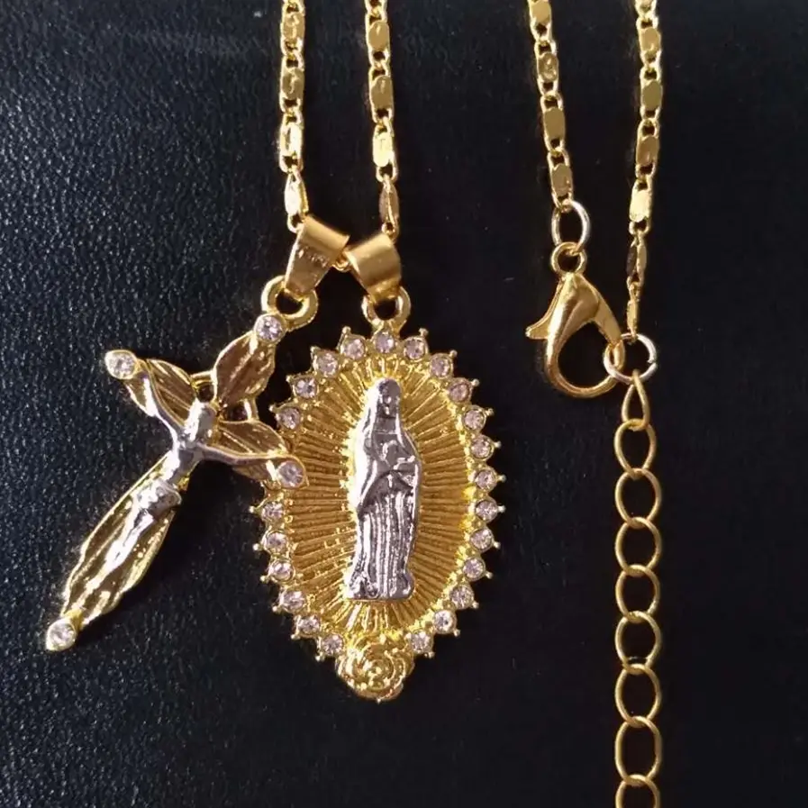 18k altın kaplama katolik haç çapraz kolye elmas İsa meryem çapraz kolye kolye kadınlar için