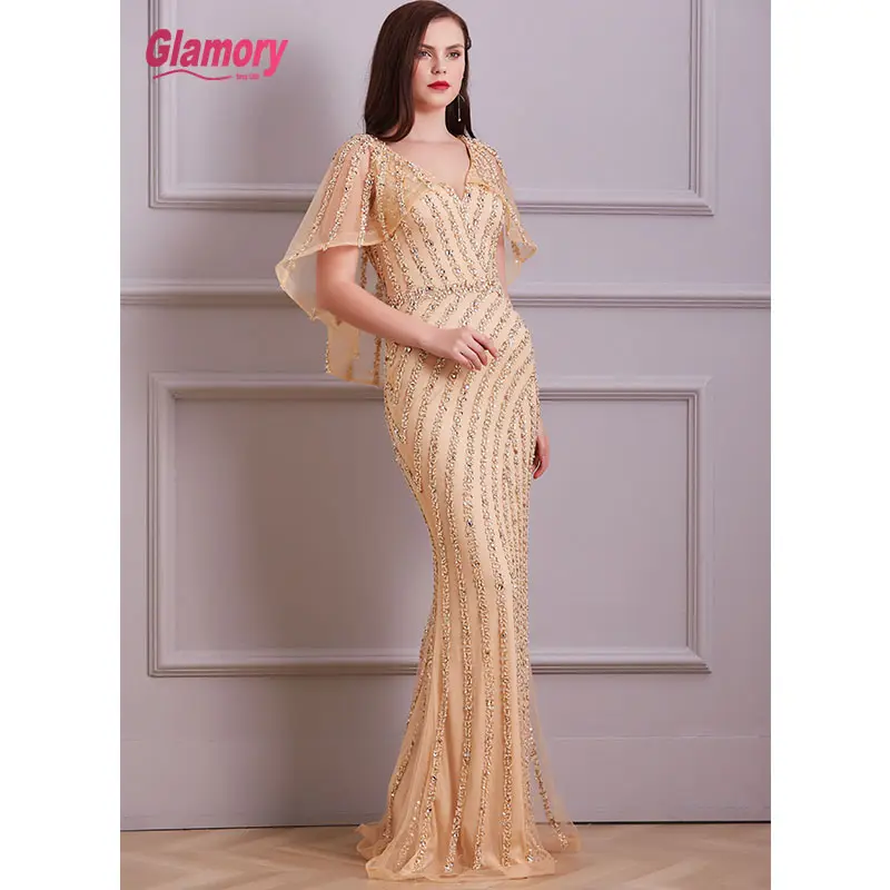 Robe de soirée, forme sirène, tenue de bal, tenue de fête, perles à la main, bon prix