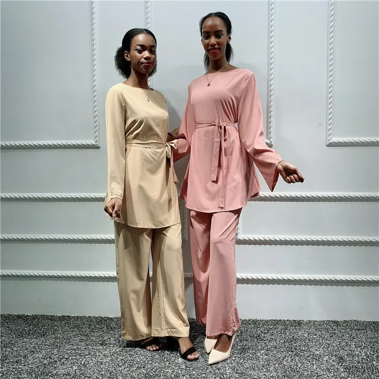 Neue Mode muslimische 2pcs Top Shirt Hosen Anzug islamische Frauen Kleidung Dubai Roben