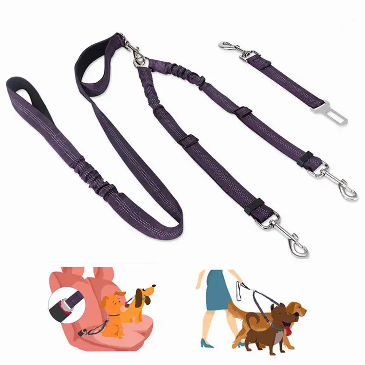 Ceinture de sécurité réfléchissante réglable à deux crochets pour chien, pour voiture, pour animaux de compagnie, coupleur sans emmêlement, laisse pour Double chien avec poignée