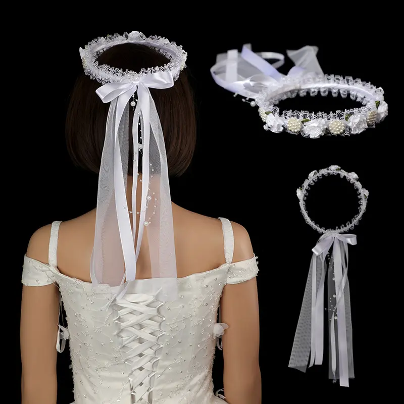 Velo de novia con lazo para boda, tocado de simulación de flor, corona de encaje para rendimiento de los niños, accesorios de fotografía al aire libre