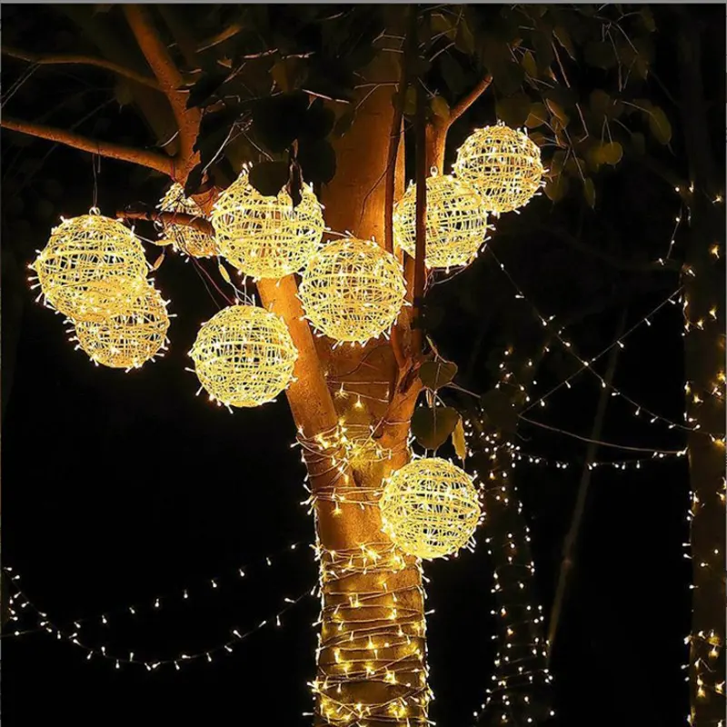 Guirnalda de luces navideñas de bola de ratán LED para exteriores, 20/30cm, sin enchufe, guirnalda de luces de hadas para fiesta, boda, vacaciones, decoración de jardín