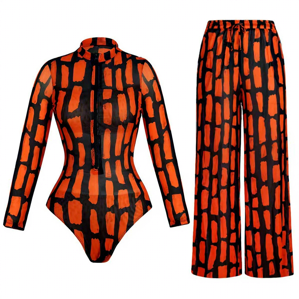 Costume zippé rayé noir orange + pantalon long