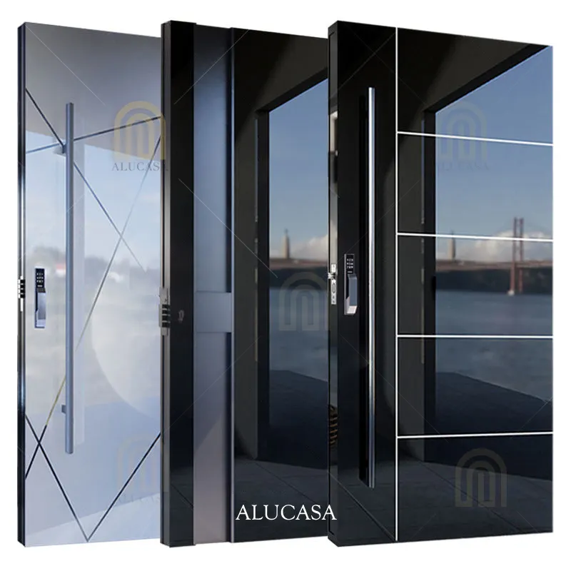 Alucasa Designs porta d'ingresso anteriore moderna sistema scorrevole principale in acciaio inossidabile porte a doppio perno esterne in legno per case