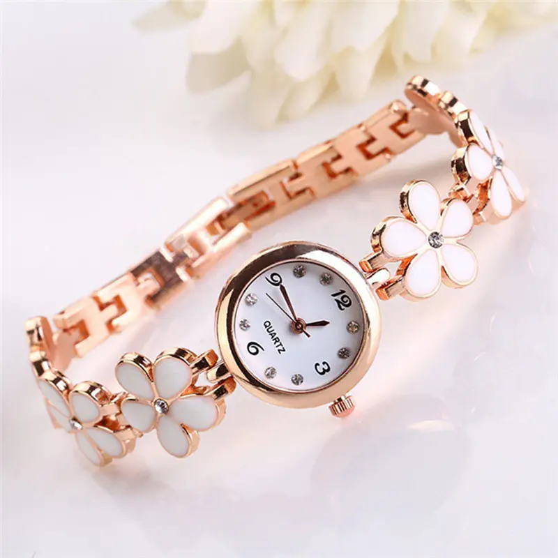 Relógio de pulso pequeno de cristal doce dourado feminino fashion flor pulseira quartzo strass moda menina